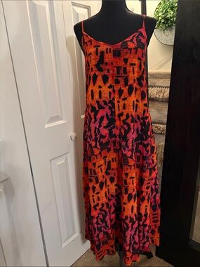 Peruvian Connection Red Orange Pink Abstract Tribal Print Midi Dress